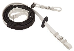 White and Black rein with black handle on a white background.
Zilco Reins.
A reliable product from Zilco Australia.
Available at Nice equestrian Wukair. Doha. Qatar.