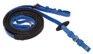 Blue with black rein on a white background.
Zilco Reins.
A reliable product from Zilco Australia.
Available at Nice equestrian Wukair. Doha. Qatar.
