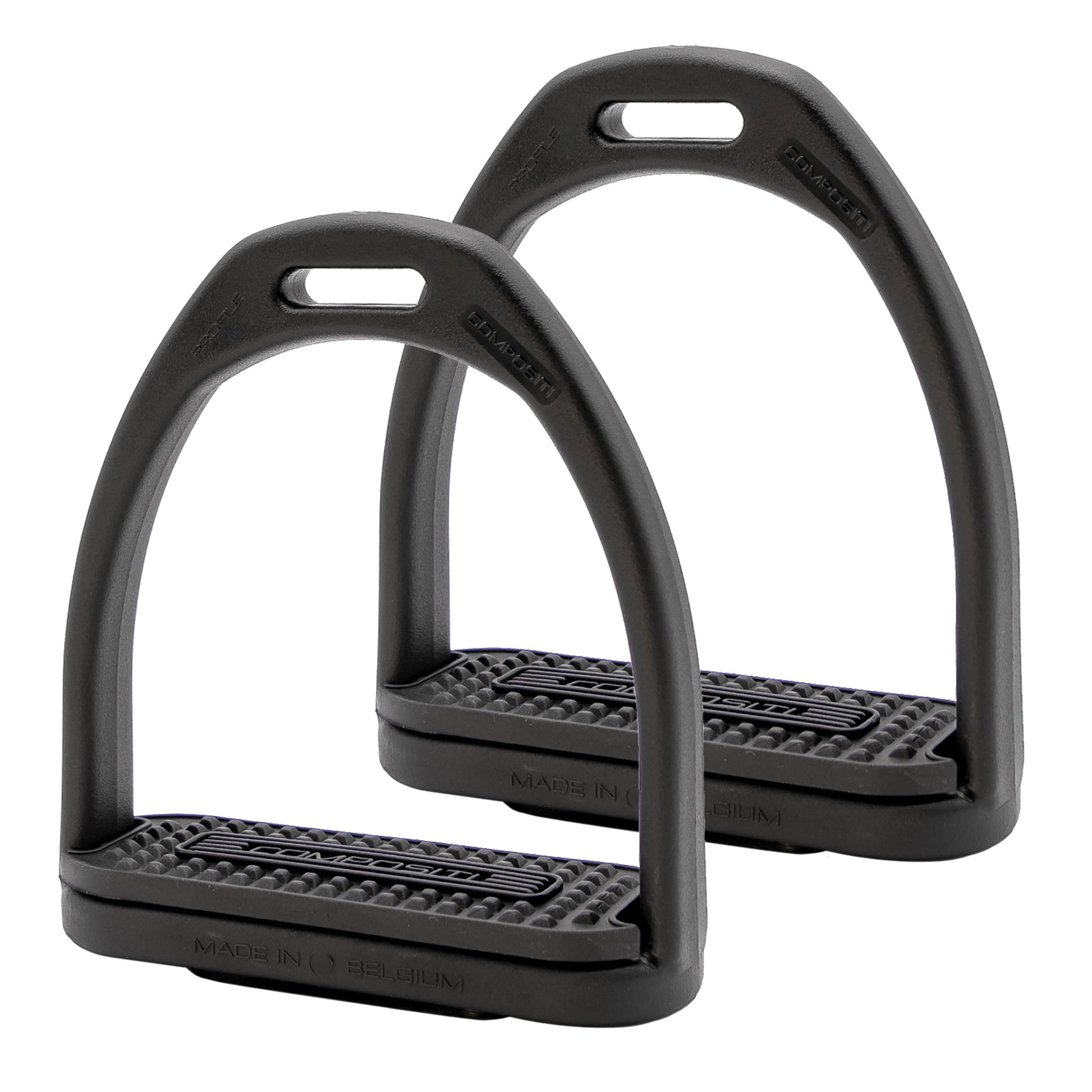 Pair of black equestrian stirrups on a white background.
A reliable product from Zilco Australia.
Available at Nice equestrian Wukair. Doha. Qatar.