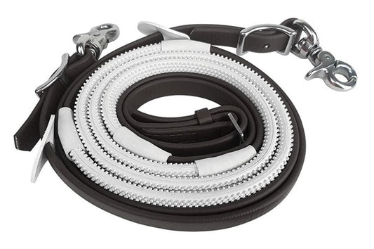 Black and white braided leather reins on a white background.
Zilco Australia.  Available at Nice Equestrian Wukair Doha Qatar.