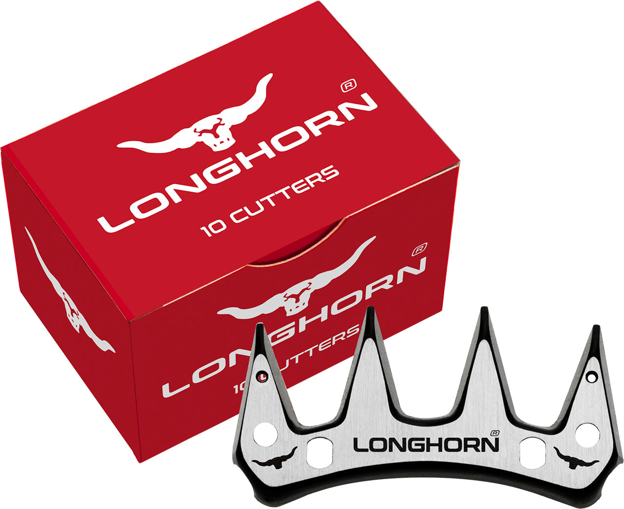 A box of Longhorn brand hair clipper and trimmer accessories, featuring 10 blades. The box is red with the Longhorn logo on it, and the blades are displayed in front of the box.

Long Horn.  Made in UK. Available with Nice Equestrian Wukair Doha Qatar.