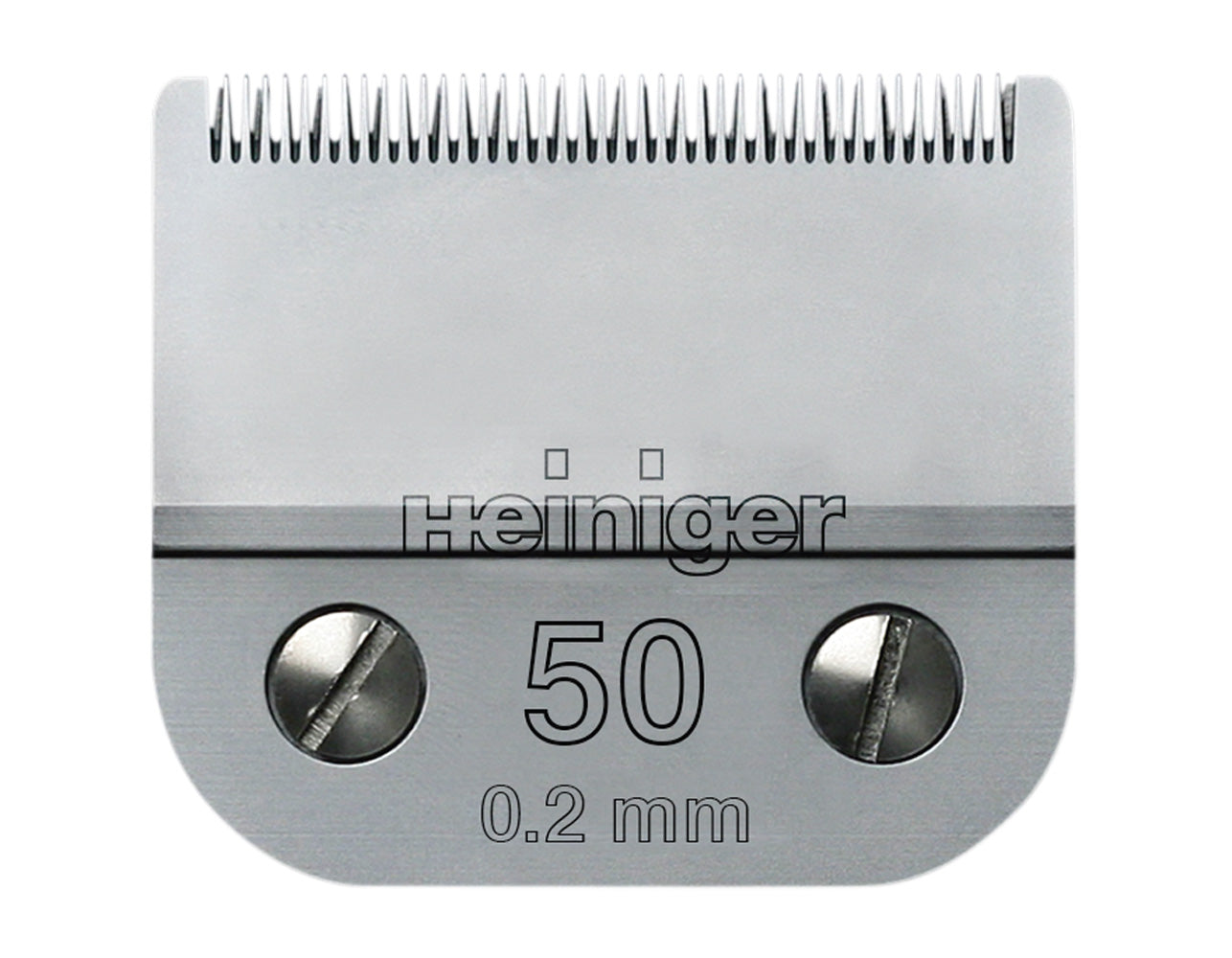 A silver-colored Heiniger snap on clipper blade number 50 with 0.2 mm thickness. Available at Nice Equestrian Wukair Doha Qatar.