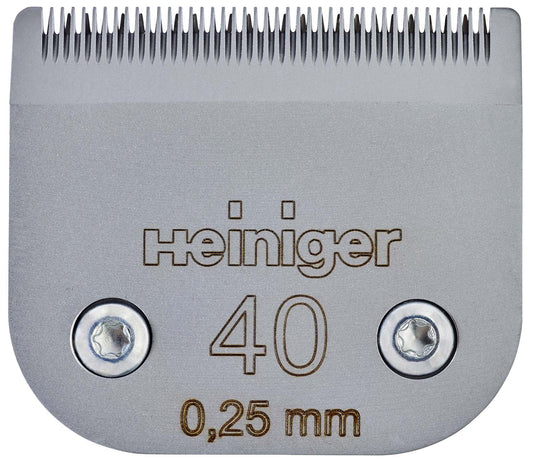 A Heiniger Snap on Clipper Blade No.40 with 0.25 mm spacing, showing the blade's teeth and two screw holes.
Available at Nice Equestrian Wukair Doha Qatar.