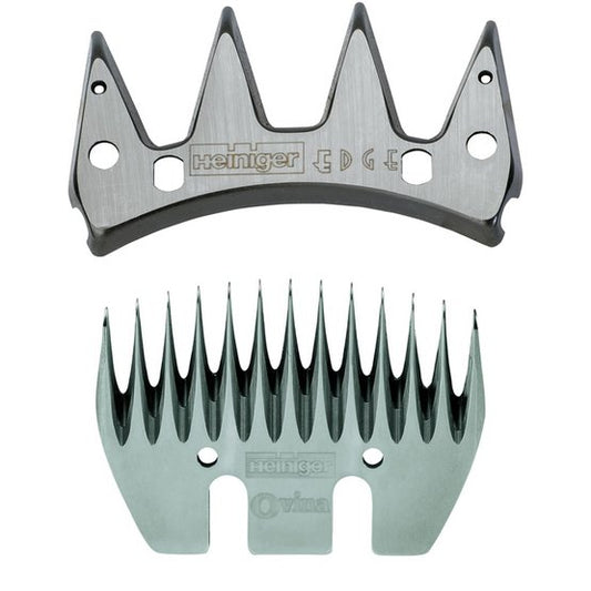 A set of Heiniger brand sheep shearing blades, with one blade showing the brand name and the other displaying a close-up of the teeth or edges.
Available at Nice equestrian Wukair Doha Qatar.