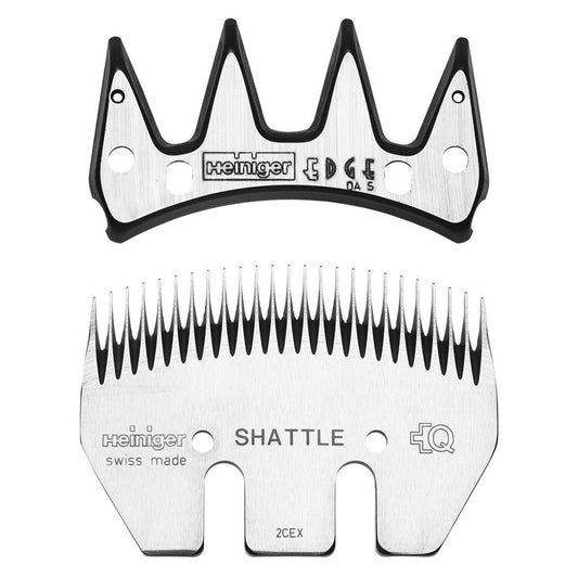 A set of Heiniger brand shearing knife blades used for cattle and sheep shearing, showing both top and bottom views.
Available at Nice equestrian Wukair Doha Qatar