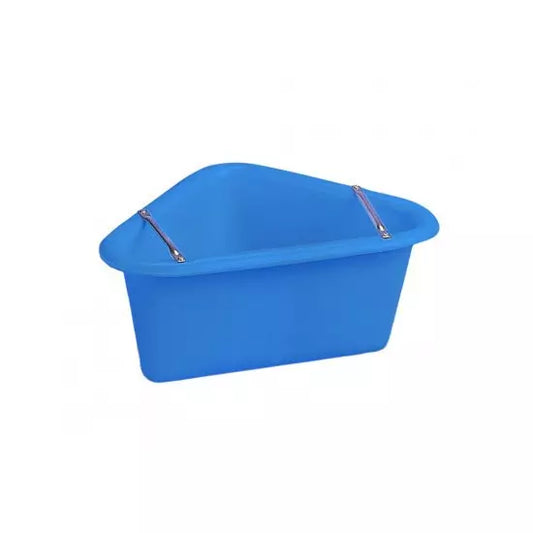 A blue polythene corner manger with metal handles. Abbey England Corner Manger available with Nice Equestrian Wukair Doha Qatar. 