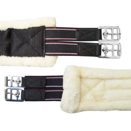 Elastic fur girth with metal buckles, primarily black with a beige (fur) section in the middle.
Horze.
Available at Nice Equestrian Wukair Doha Qatar