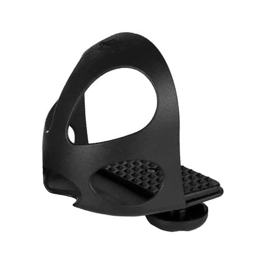 A black plastic toe cage designed to prevent the foot from sliding through a stirrup, with a textured sole for grip.
Horze.
Available at Nice Equestrian Wukair Doha Qatar