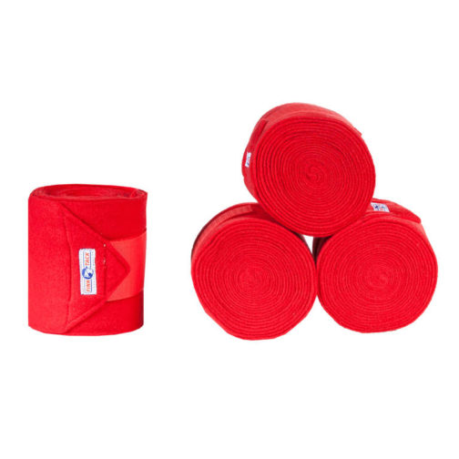 A set of red fleece bandages rolled up and placed against a white background.
Horze.
Available at Nice Equestrian Wukair Doha Qatar