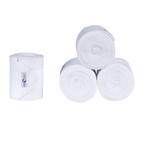 A set of white fleece bandages rolled up and placed against a white background.
Horze.
Available at Nice Equestrian Wukair Doha Qatar