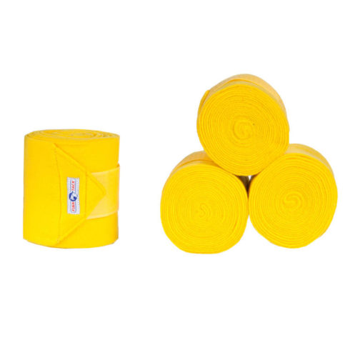 A set of yellow fleece bandages rolled up and placed against a white background.
Horze.
Available at Nice Equestrian Wukair Doha Qatar