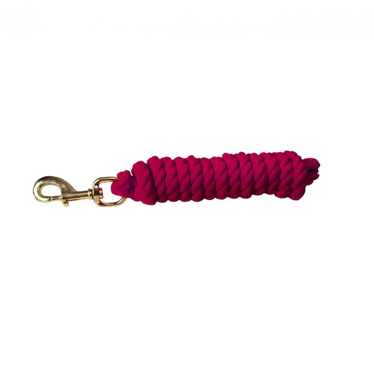 A red cotton lead rope with a metal clip on one end, isolated on a white background.
Horze.
Available at Nice Equestrian Wukair Doha Qatar
