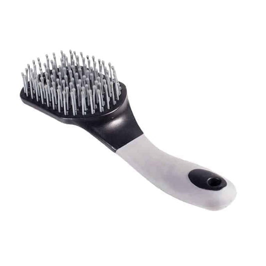 A mane and tail brush with a comfortable soft touch grip, primarily in black and grey colors.
Horze.
Available at Nice Equestrian Wukair Doha Qatar
