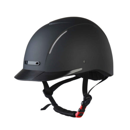 Black adjustable equestrian helmet with ventilation holes and a chin strap.

Horze. Knight Rider.
Available at Nice Equestrian Wukair Doha Qatar