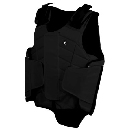 A black junior body protector for equestrian activities, with panels for flexibility and a front zip closure.
Horze Body Protector. Available at Nice Equestrian Wukair Doha Qatar