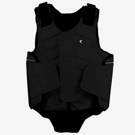 A black junior body protector for equestrian activities, with panels for flexibility and a front zip closure.
Horze Body Protector. Available at Nice Equestrian Wukair Doha Qatar