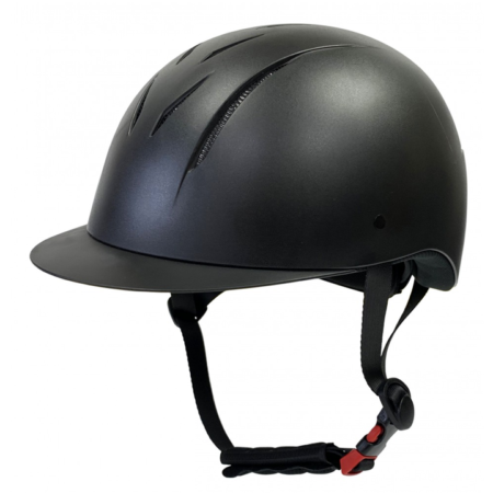 A black equestrian helmet with wide ventilated vents and an adjustable strap around the face.
Horze. Knight Rider.
Available at Nice Equestrian Wukair Doha Qatar