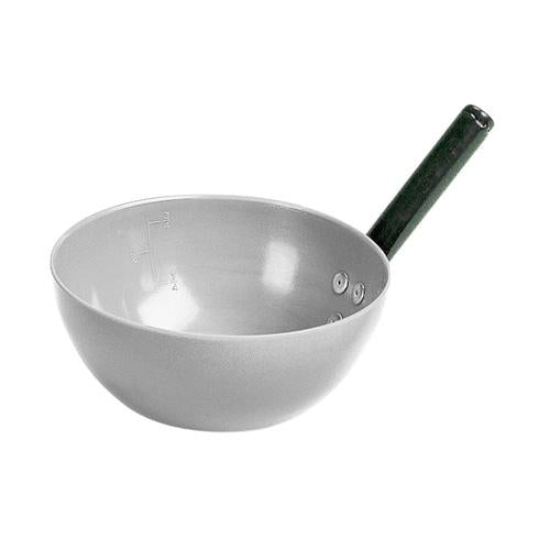 A gray plastic feed scoop with a green handle. Abbey England Stubbs feed scoop available with Nice Equestrian Wukair Doha Qatar.