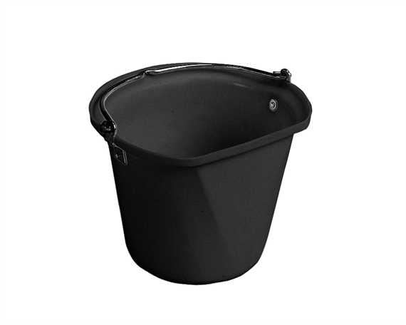 A black flat sided hanging bucket with a handle. Abbey England Stubbs flat side hanging bucket available with Nice Equestrian Wukair Doha Qatar.