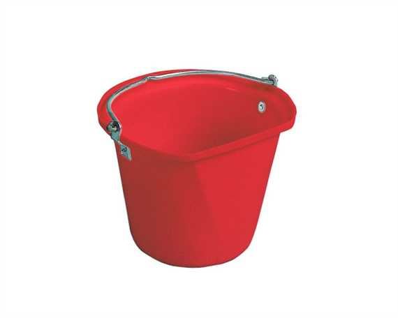 A red flat sided hanging bucket with a handle. Abbey England Stubbs flat side hanging bucket available with Nice Equestrian Wukair Doha Qatar.