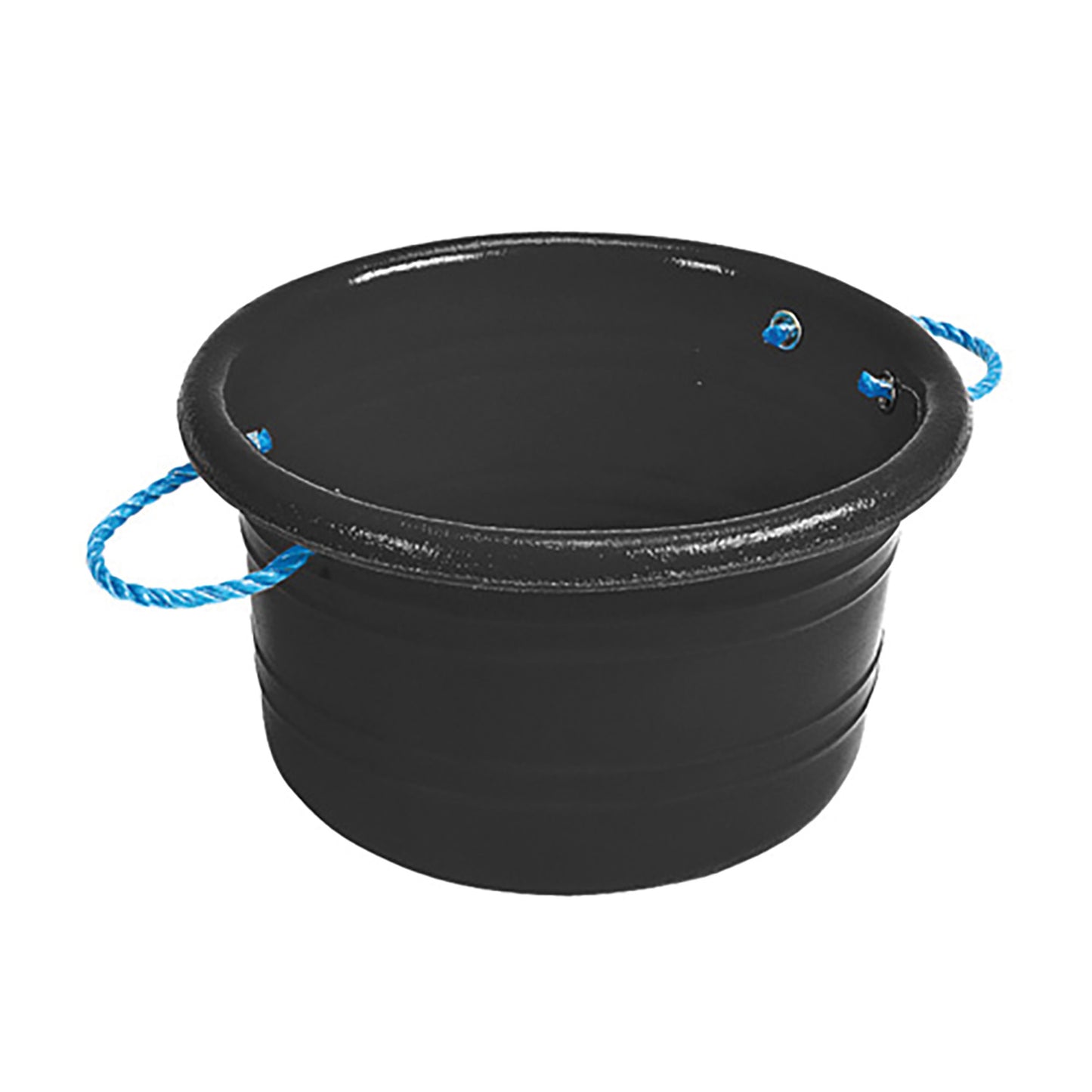 A black plastic medium manure basket with a blue rope handle.  Abbey England Stubbs manure basket available with Nice Equestrian Wukair Doha Qatar.