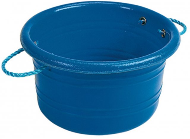 A blue plastic medium manure basket with a blue rope handle.  Abbey England Stubbs manure basket available with Nice Equestrian Wukair Doha Qatar.