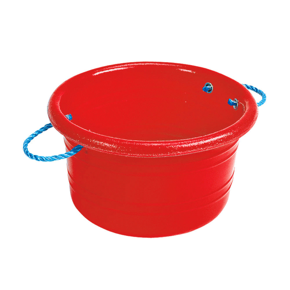 A red plastic medium manure basket with a blue rope handle.  Abbey England Stubbs manure basket available with Nice Equestrian Wukair Doha Qatar.