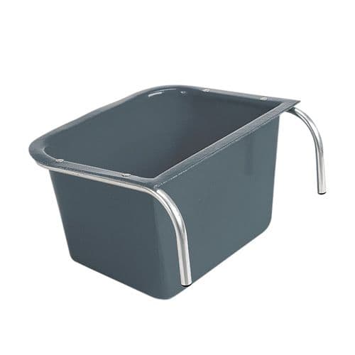 A black portable manger made of metal with a plastic liner, featuring a handle on the side for equestrian stables. Manufactured by Stubbs Abbey England. Available at ice Equestrian Wukair Doha Qatar.
