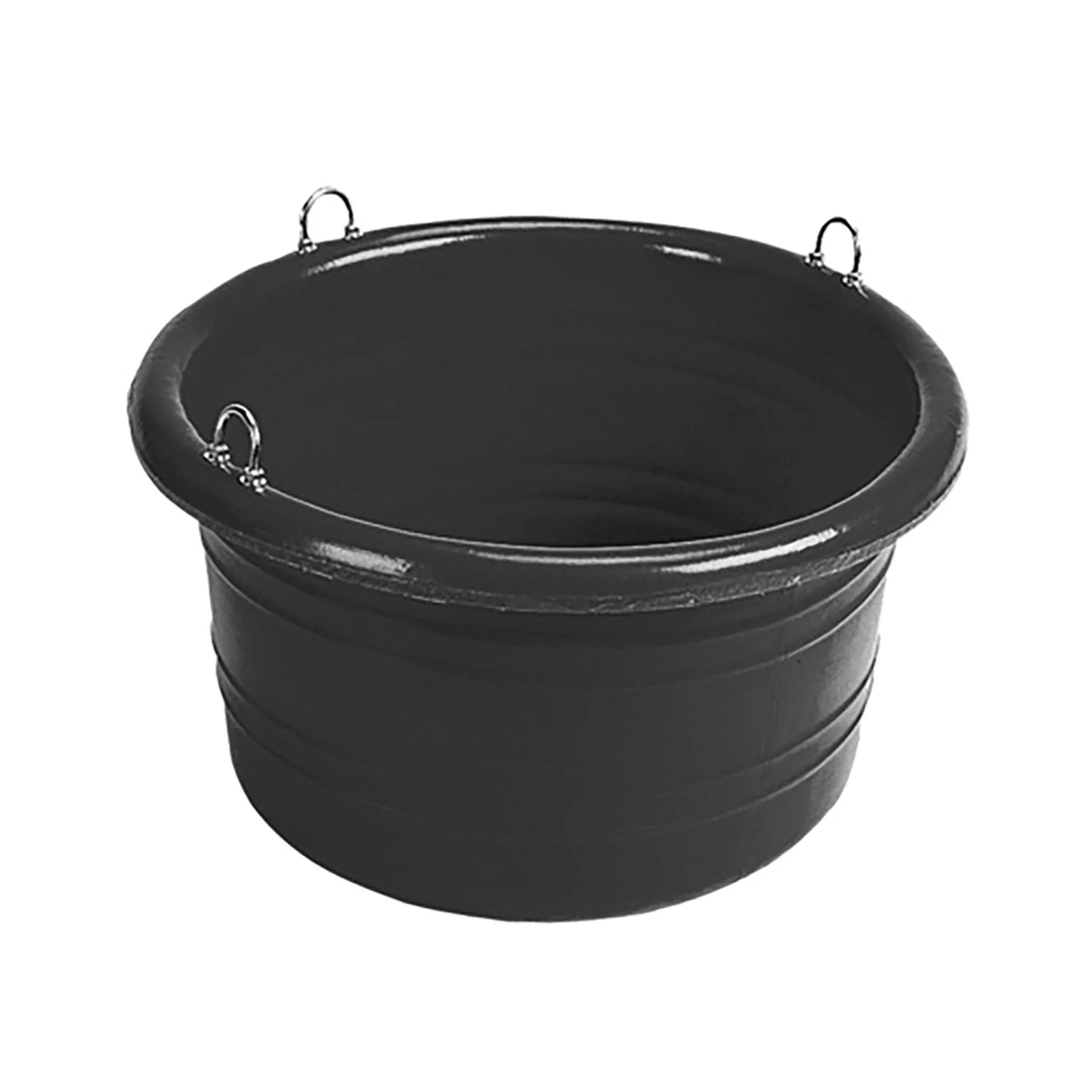 A black heavy duty plastic feed tub designed for horses and other animals, with no food inside, featuring two attachment points on the side. Abbey England Stubbs feed tub available with Nice Equestrian Wukair Doha Qatar.