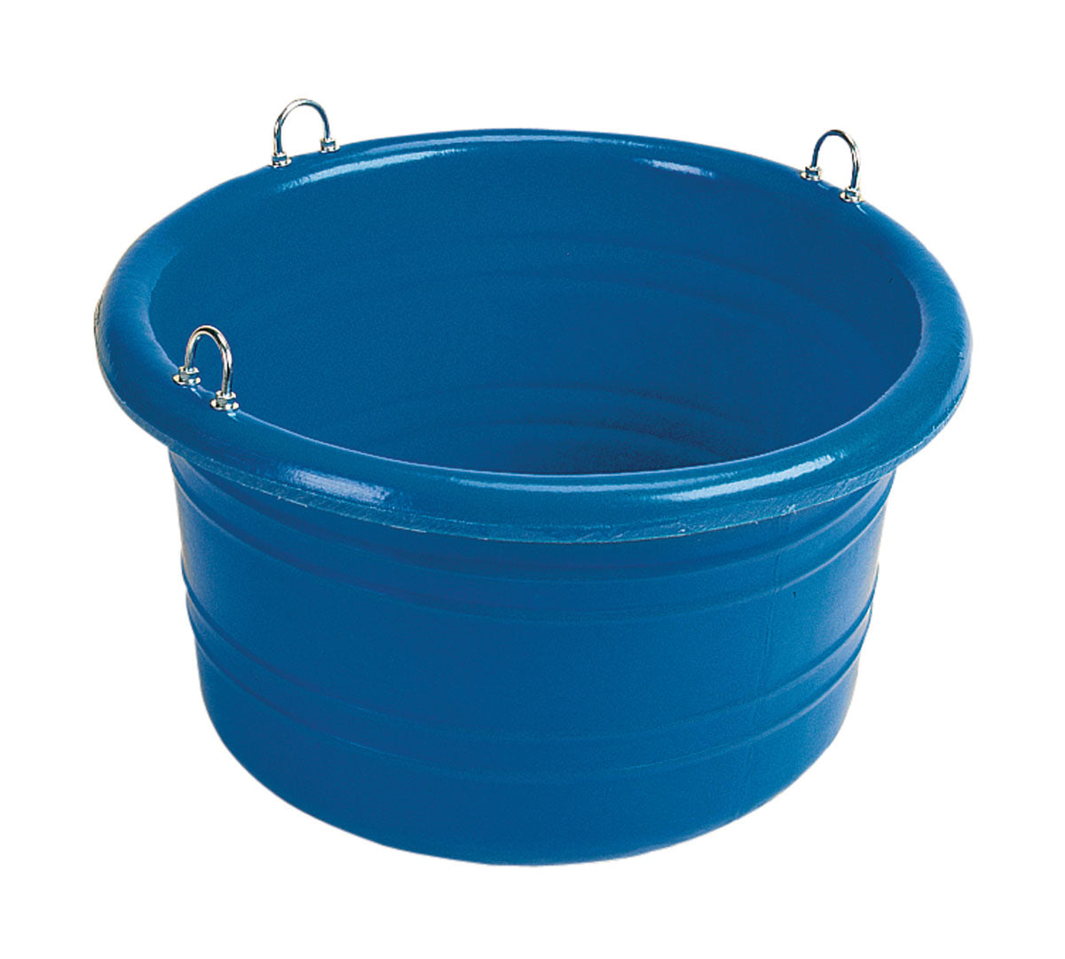 A blue heavy duty plastic feed tub designed for horses and other animals, with no food inside, featuring two attachment points on the side. Abbey England Stubbs feed tub available with Nice Equestrian Wukair Doha Qatar.