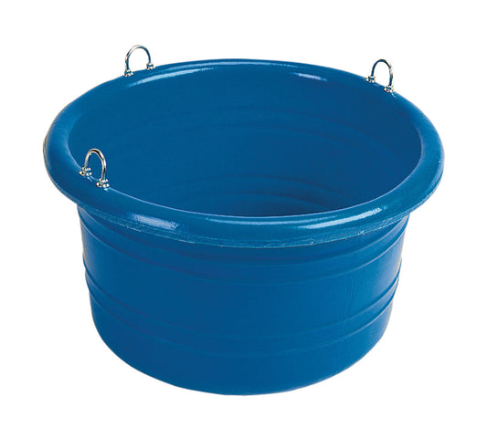 A blue heavy duty plastic feed tub designed for horses and other animals, with no food inside, featuring two attachment points on the side. Abbey England Stubbs feed tub available with Nice Equestrian Wukair Doha Qatar.