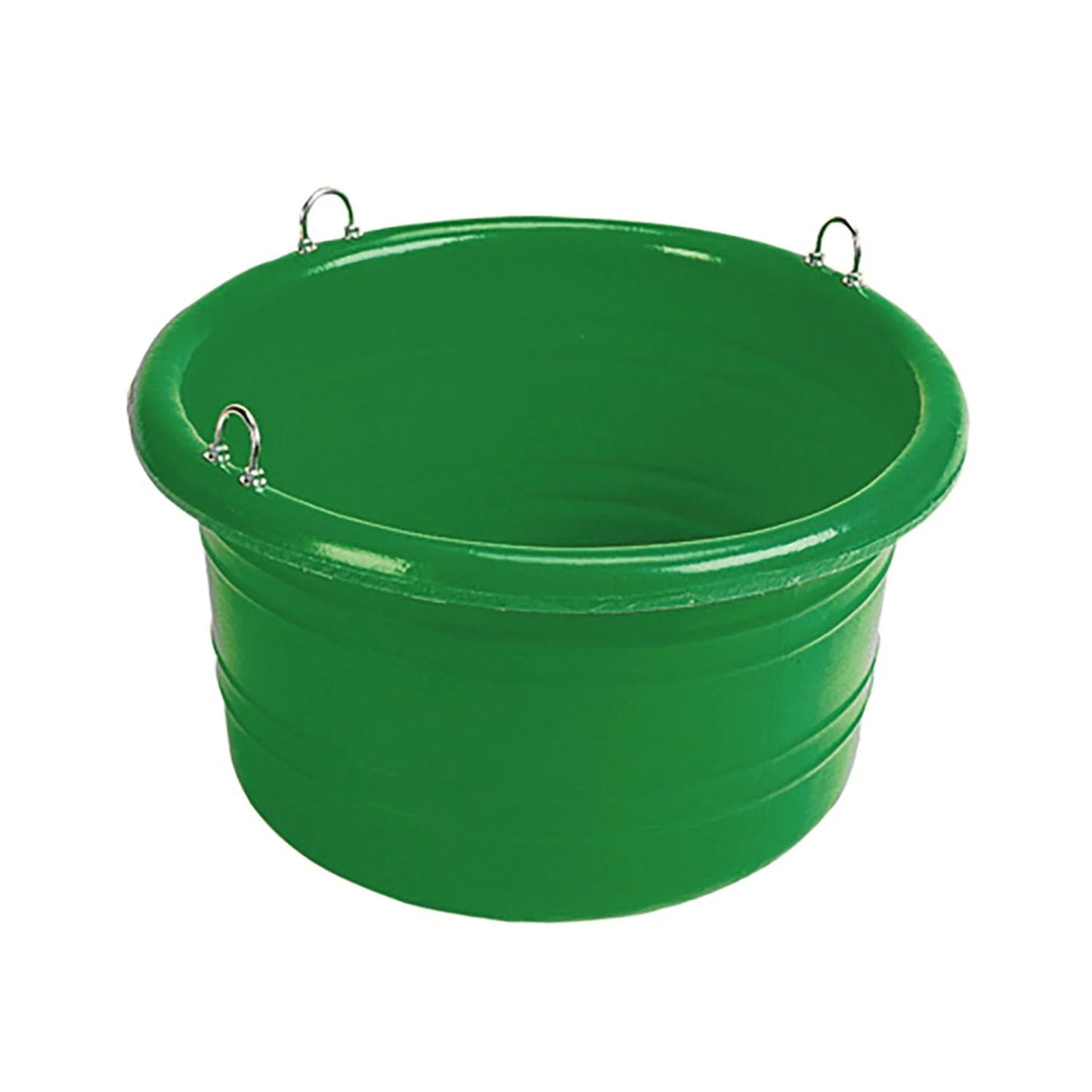 A green heavy duty plastic feed tub designed for horses and other animals, with no food inside, featuring two attachment points on the side. Abbey England Stubbs feed tub available with Nice Equestrian Wukair Doha Qatar.