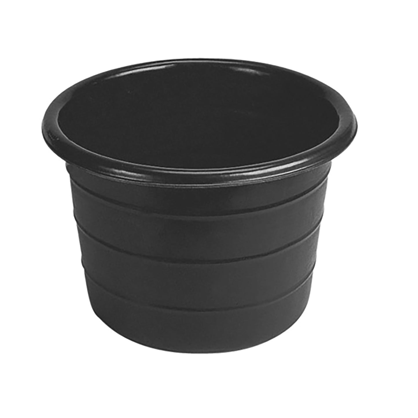 A black 18-gallon water bucket designed for animals. Abbey England Stubbs Water bucket available with Nice Equestrian Wukair Doha Qatar.