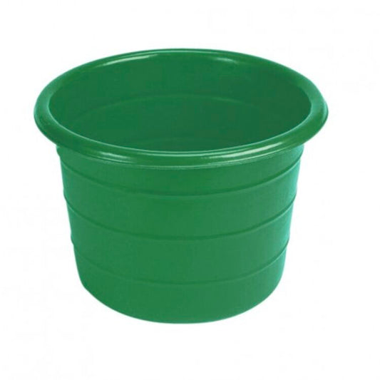 A green 18-gallon water bucket designed for animals. Abbey England Stubbs Water bucket available with Nice Equestrian Wukair Doha Qatar.