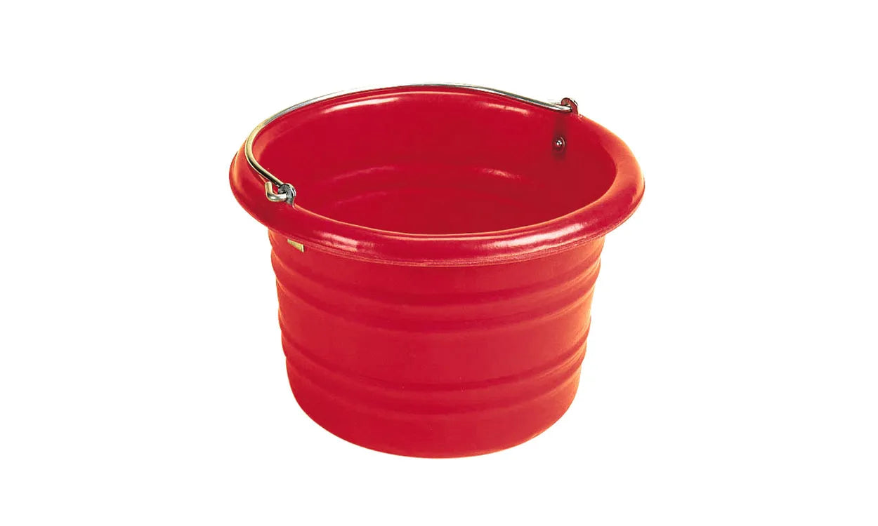 A red 18-gallon water bucket designed for animals. Abbey England Stubbs Water bucket available with Nice Equestrian Wukair Doha Qatar.