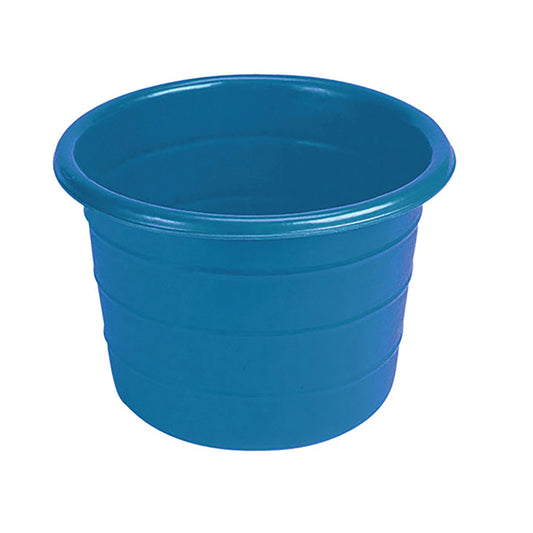 A blue 18-gallon water bucket designed for animals. Abbey England Stubbs Water bucket available with Nice Equestrian Wukair Doha Qatar. 