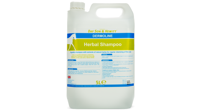 A white plastic bottle of Lillidale Dermoline Herbal Shampoo with product information and branding on the label.

A 5-liter bottle of Lilydale Dermoline Herbal Shampoo for horses, with label information including product name and details. Dayson & Hewitt Dermoline from Lilydale UK available with Nice Equestrian Wukair Doha.