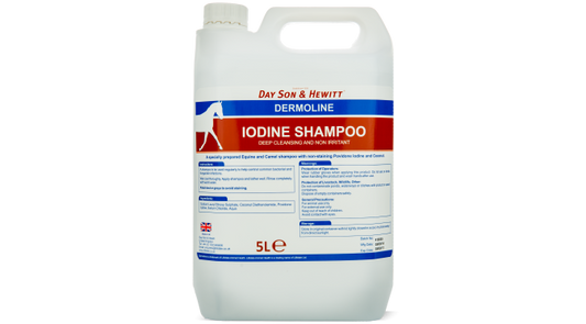 A 5-liter bottle of Lilydale Dermoline Iodine Shampoo for horses, with label information including product name and details. Dayson & Hewitt Dermoline from Lilydale UK available with Nice Equestrian Wukair Doha.