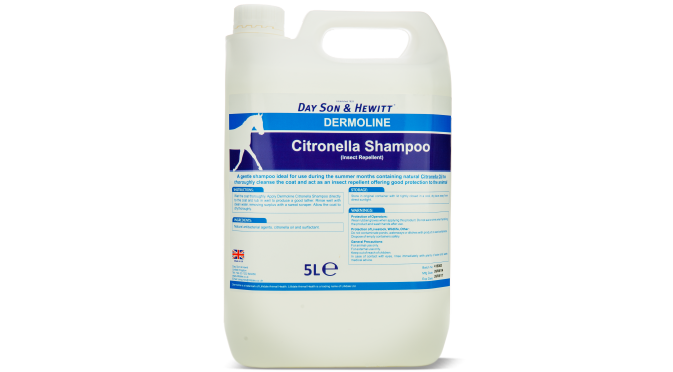 A 5-liter bottle of Lillidale Dermoline Citronella Horse Shampoo with label and instructions.

A 5-liter bottle of Lilydale Dermoline Citronella Shampoo for horses, with label information including product name and details. Dayson & Hewitt Dermoline from Lilydale UK available with Nice Equestrian Wukair Doha.