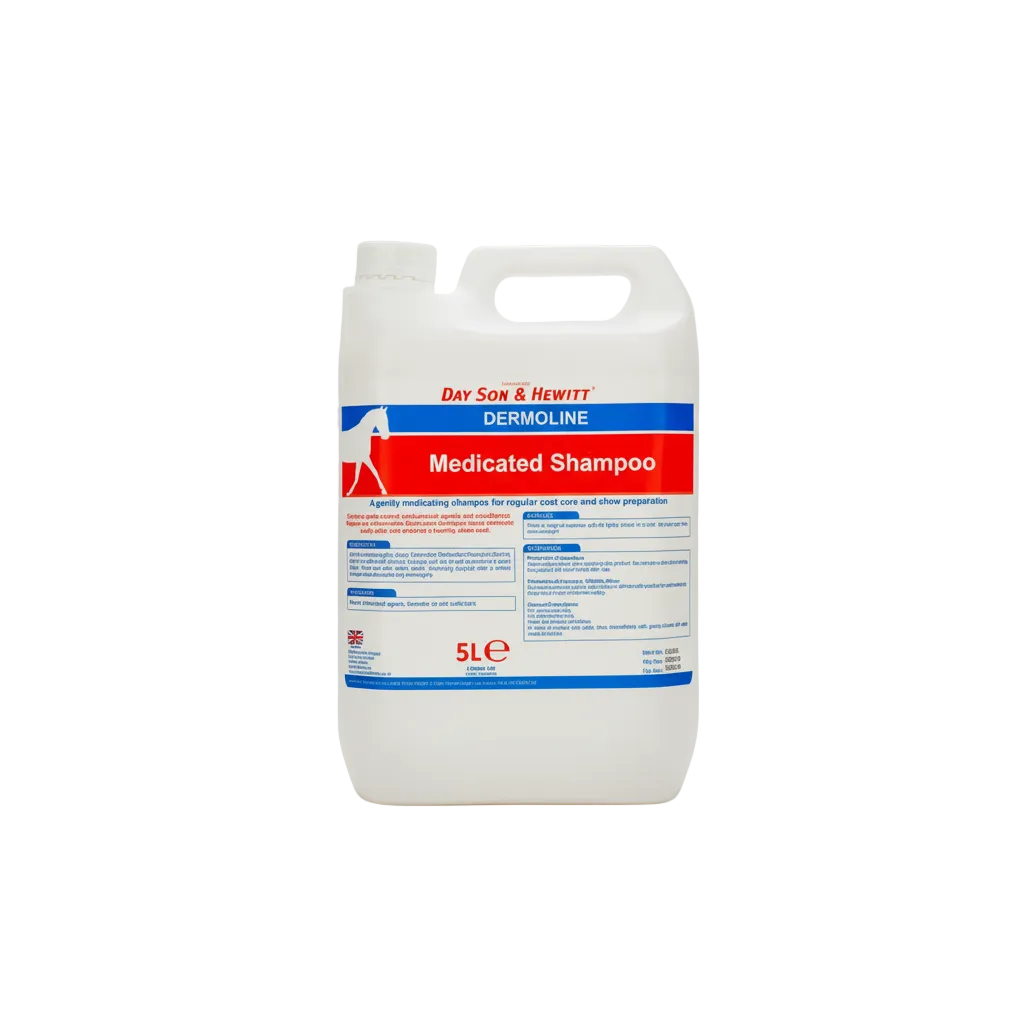 A 5-liter bottle of Lilydale Dermoline Medicated Shampoo for horses, with label information including product name and details. Dayson & Hewitt Dermoline from Lilydale UK available with Nice Equestrian Wukair Doha Qatar.