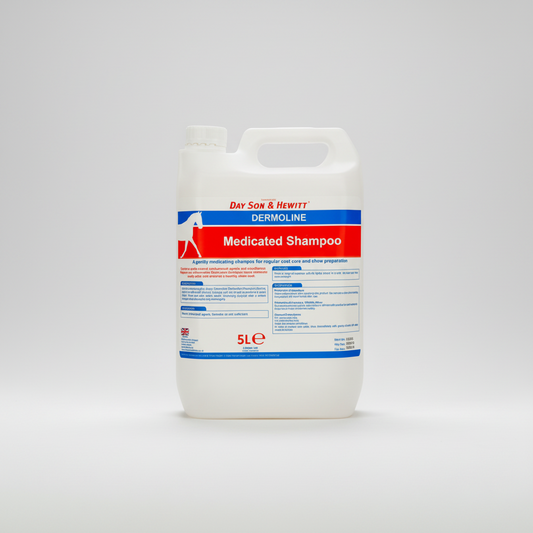 A 5-liter bottle of Lilydale Dermoline Medicated Shampoo for horses, with label information including product name and details. Dayson & Hewitt Dermoline from Lilydale UK available with Nice Equestrian Wukair Doha Qatar.