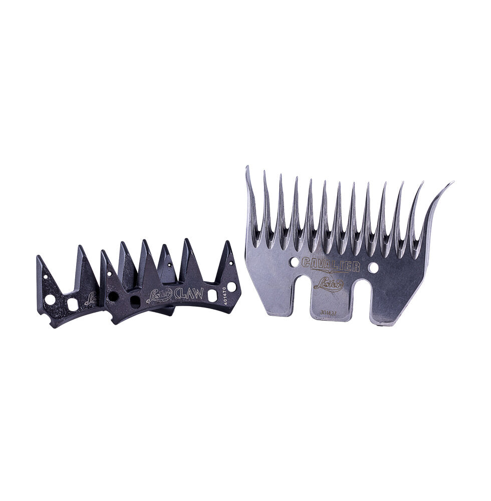 A set of two metal hair cutting blades and one metal hair comb, typically used for shearing or styling hair.
Made in UK. Available with Nice Equestrian Wukair Doha Qatar.