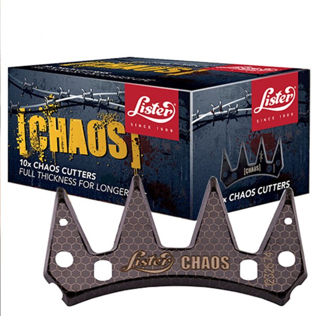 A box of Lister Chaos Cutters with a few cutters displayed outside the box. The box is predominantly black and red with the Lister logo and 'Chaos Cutters' text prominently featured.
A Lister product.
Available with Nice Equestrian Wukair Doha Qatar.