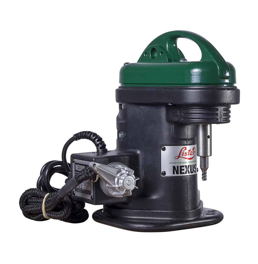 A black and green Lister Nexus QR clippers machine with rubber support feet and a power cord.
Made in UK. Available with Nice Equestrian Wukair Doha Qatar.
