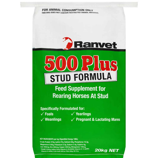 A bag of Ranvet 500 Plus Stud Formula Feed Supplement for rearing horses at stud, with green and white packaging, specifically formulated for foals, weanings, and pregnant mares. Available with Nice Equestrian Wukair Doha Qatar. Ranvet Supplements for horses and camels