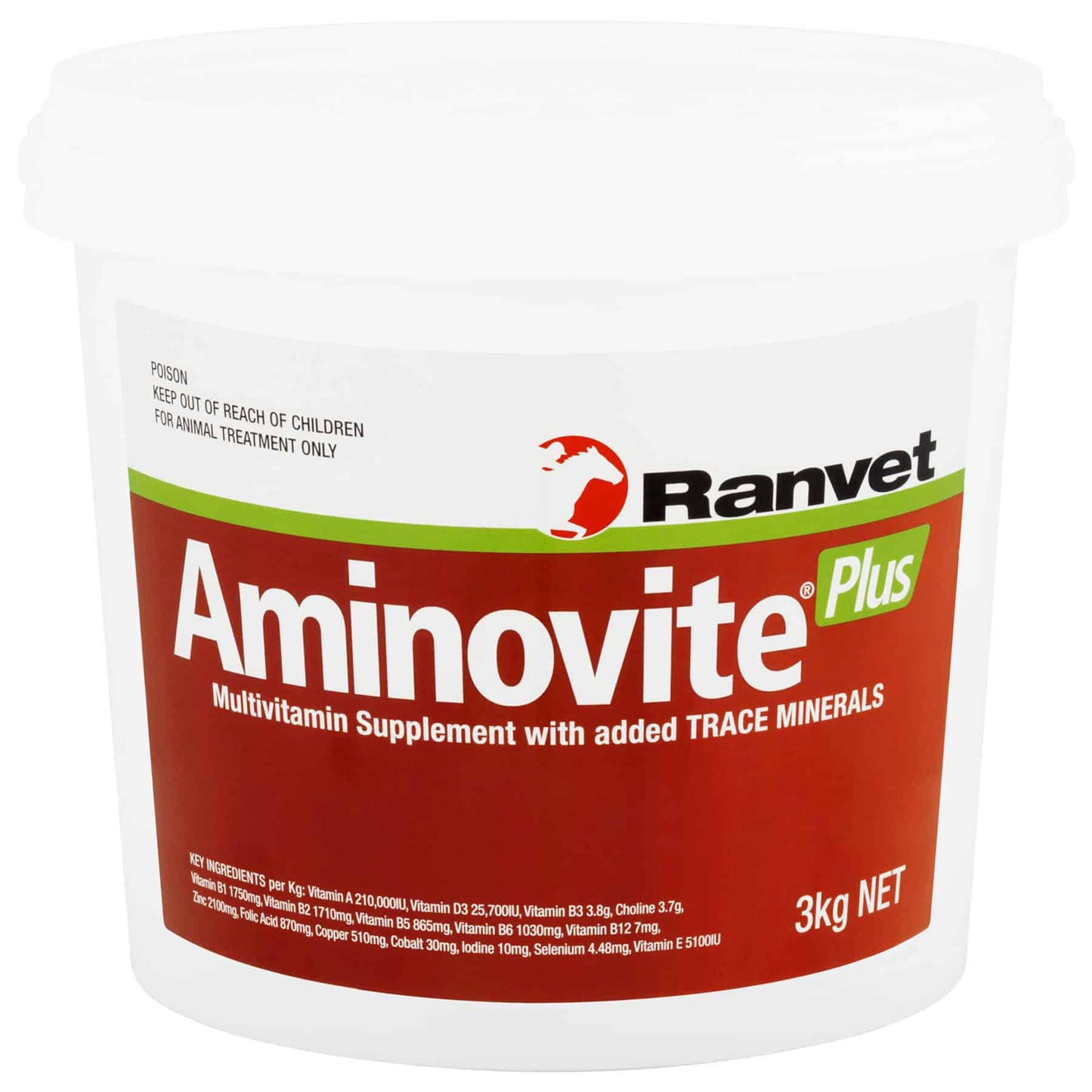 A container of Ranvet Aminovite Plus, which is a multivitamin supplement with added trace elements for horses. Available with Nice Equestrian Wukair Doha Qatar. Ranvet Supplements for horses and camels