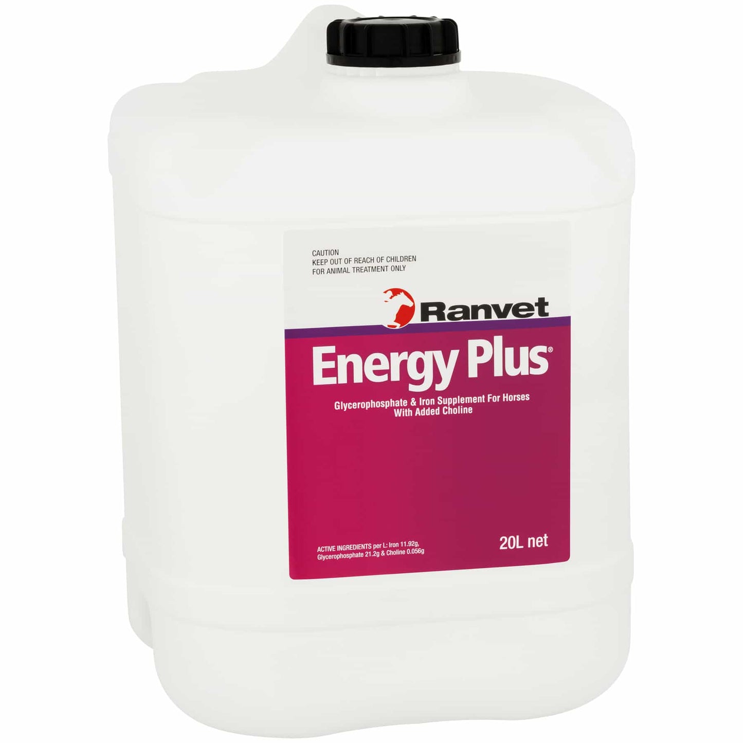 A 20-liter container of Ranvet Energy Plus horse supplement, predominantly white with a purple label. Available with Nice Equestrian Wukair Doha Qatar. Ranvet Supplements for horses and camels