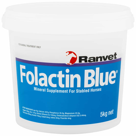 A container of Ranvet Folactin Blue, which is a mineral supplement for stabled horses, with a 5kg label. Available with Nice Equestrian Wukair Doha Qatar. Ranvet Supplements for horses and camels