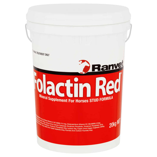 A red and white bucket of Ranvet Folactin Red, a mineral supplement for horses stud formula. Available with Nice Equestrian Wukair Doha Qatar. Ranvet Supplements for horses and camels