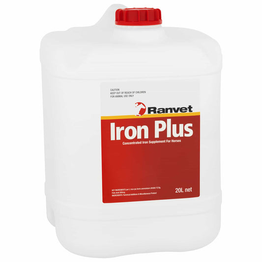 A 20-liter container of Ranvet Iron Plus horse supplement with a white body and red cap. Available with Nice Equestrian Wukair Doha Qatar. Ranvet Supplements for horses and camels